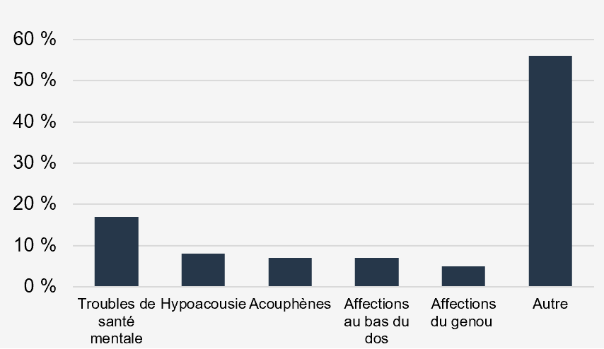 En 2024-2025, les principales conditions observées par le Tribunal étaient : Troubles de santé mentale : 17 % Hypoacousie : 8 % Acouphènes : 7 % Affections au bas du dos : 7 % Affections du genou : 5 % Autre : 56 %